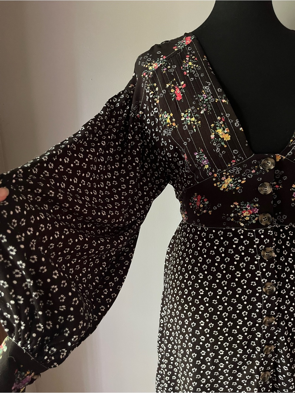 Free People Mixed Floral Print Button Front Mini Dress Boho Long Sleeve Small - Picture 3 of 6